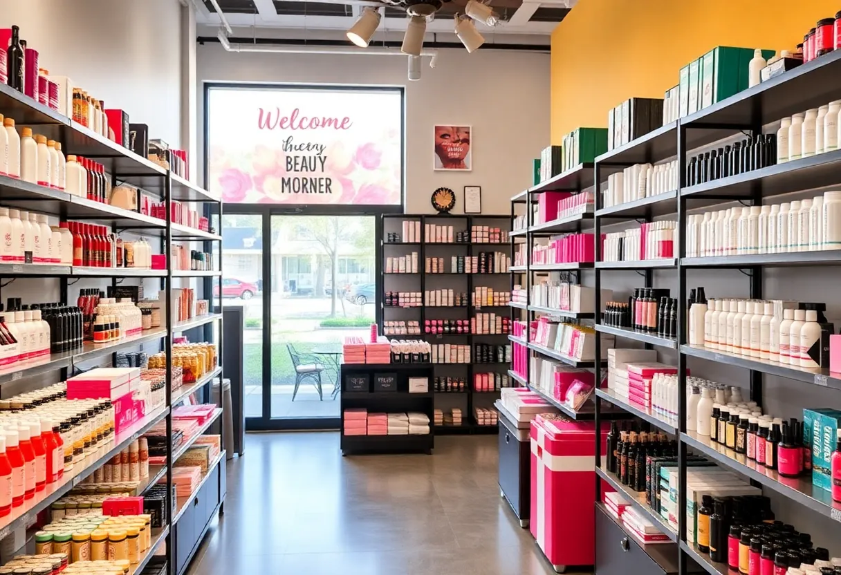 Interior view of a beauty supply store with shelves full of beauty products.