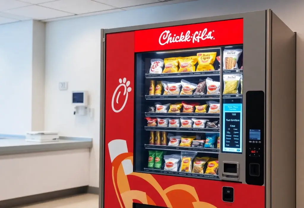 Vending machine with Chick-fil-A menu items in a hospital setting