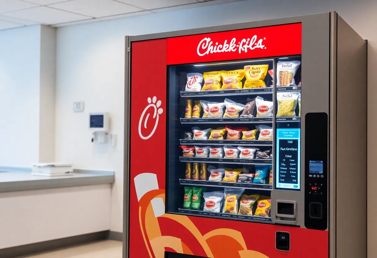 Vending machine with Chick-fil-A menu items in a hospital setting