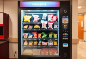 Chick-fil-A vending machine displaying various food options in a hospital hallway.