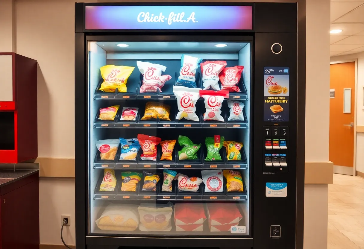 Chick-fil-A vending machine displaying various food options in a hospital hallway.