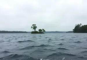Choppy waters on a lake with overcast skies during a wind advisory