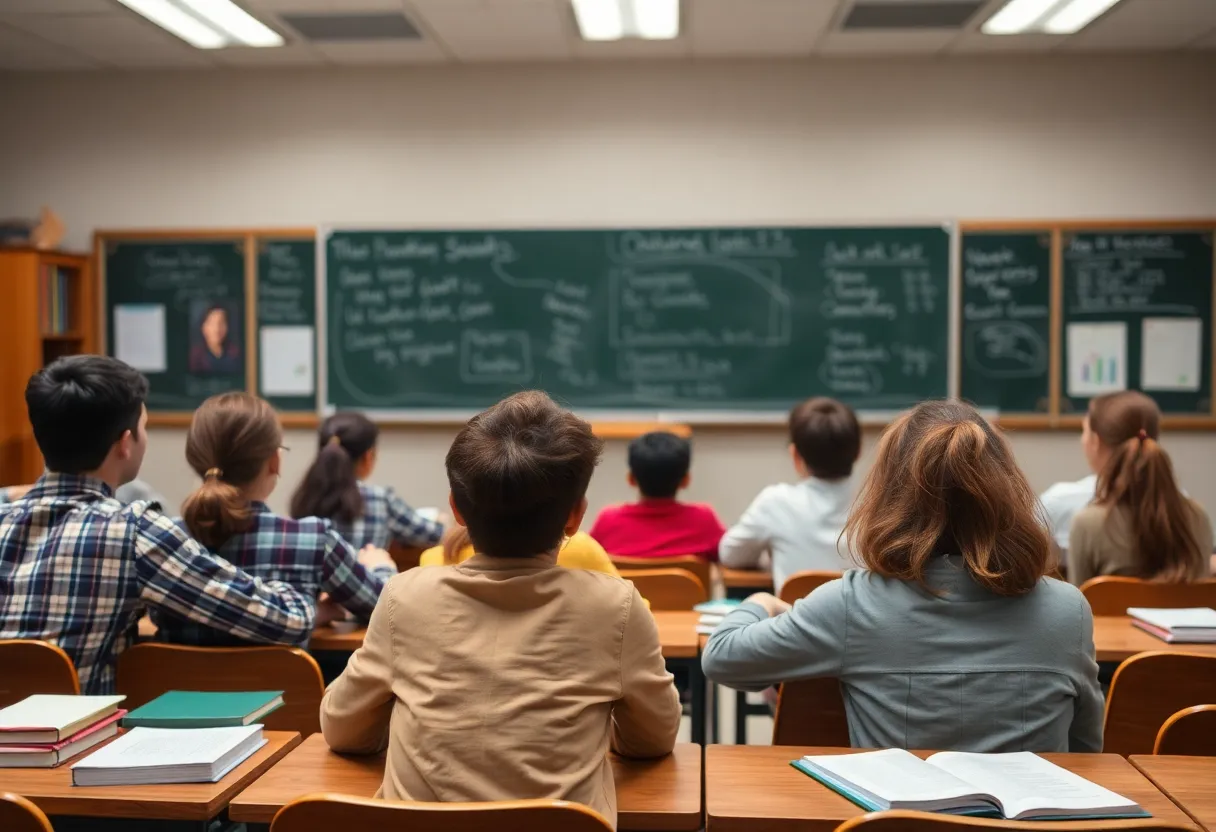 A classroom with desks and a chalkboard showcasing an educational atmosphere.