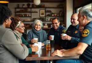 Residents and law enforcement officers engaging in conversation at a coffee event.