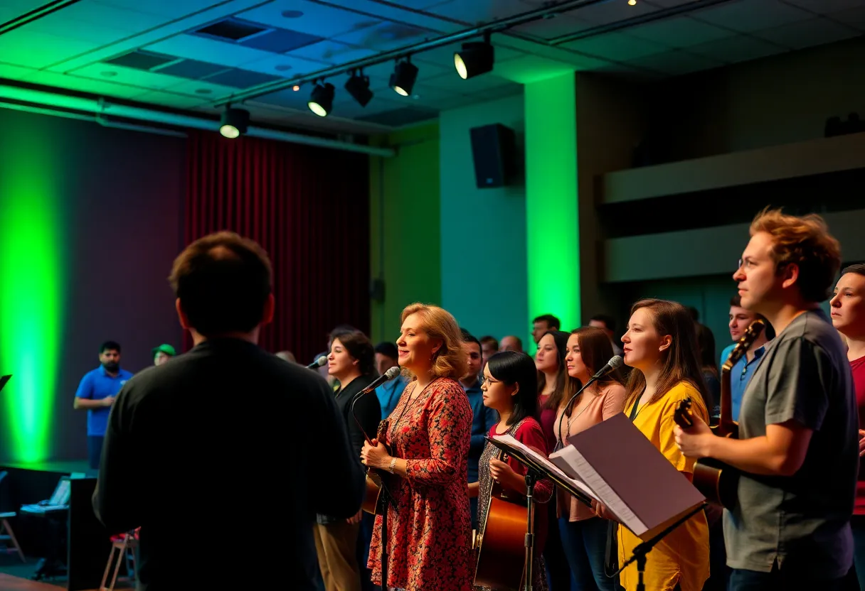 A lively theater performance with actors and musicians, demonstrating community involvement in the performing arts.