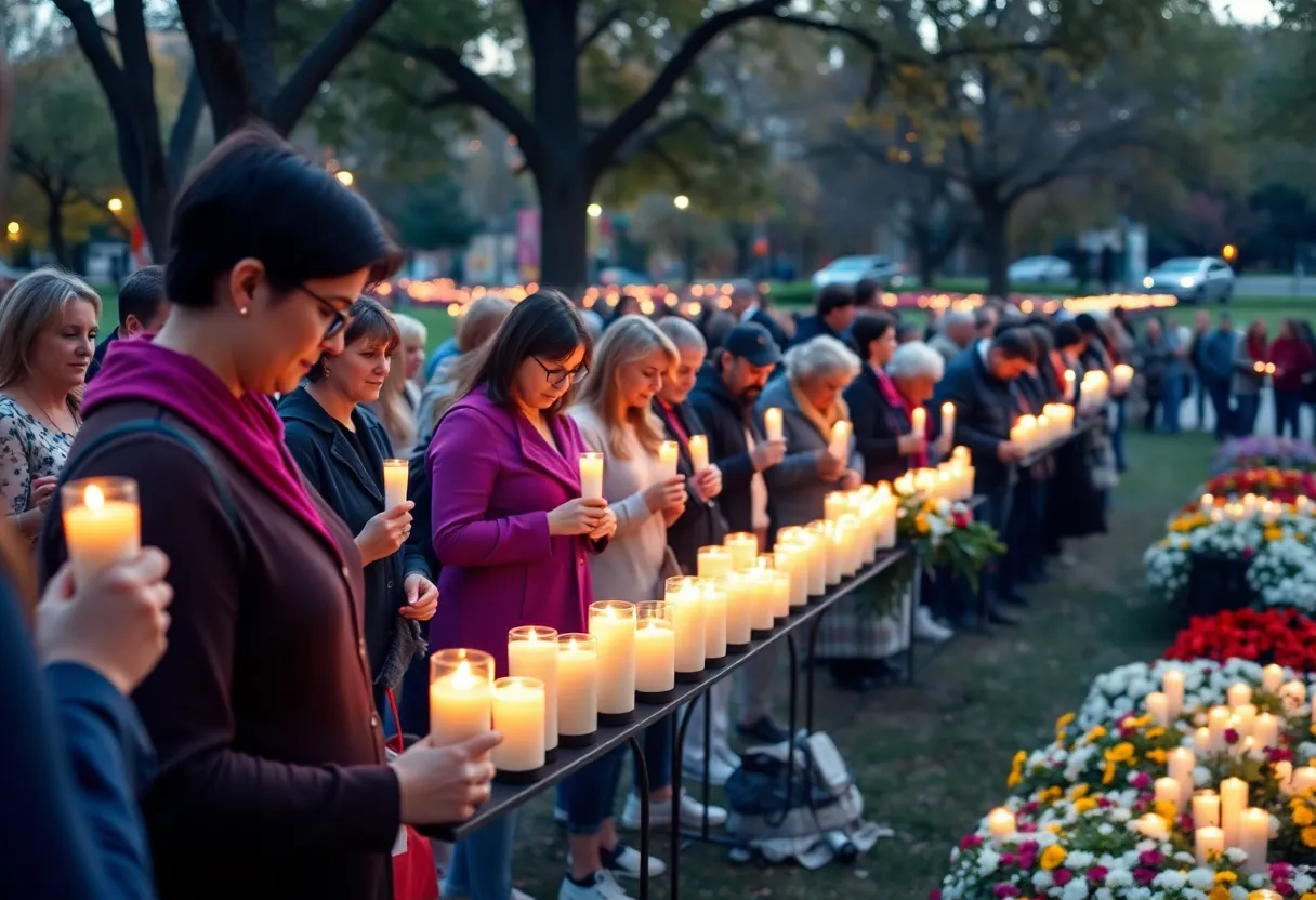 Community members gathering in remembrance of lost loved ones with candles.