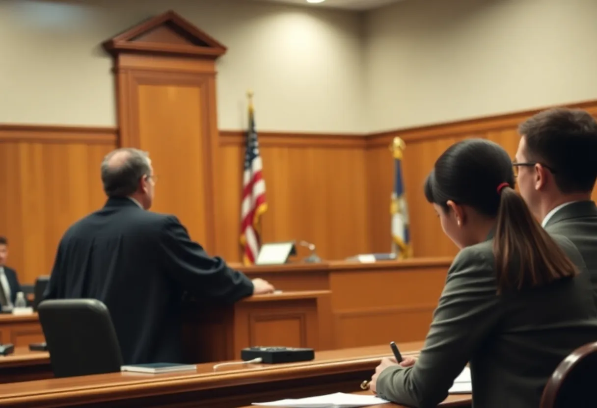 A courtroom with a judge and legal practitioners addressing a case about hospital liens.