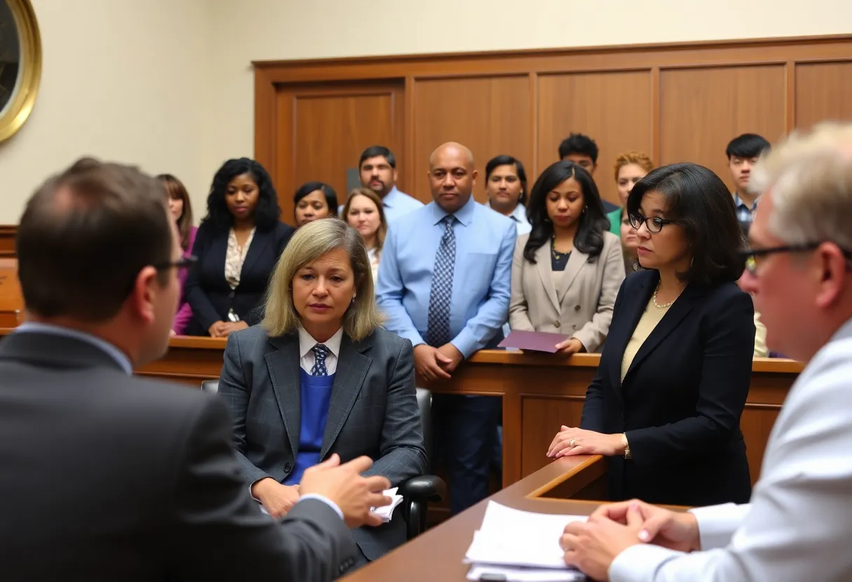 Courtroom scene with advocates discussing redistricting issues and voting rights