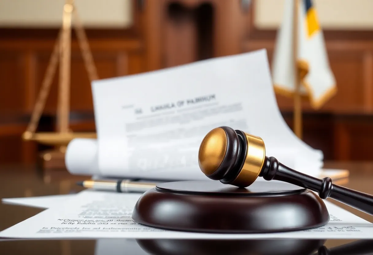 Courtroom scene with gavel and legal documents