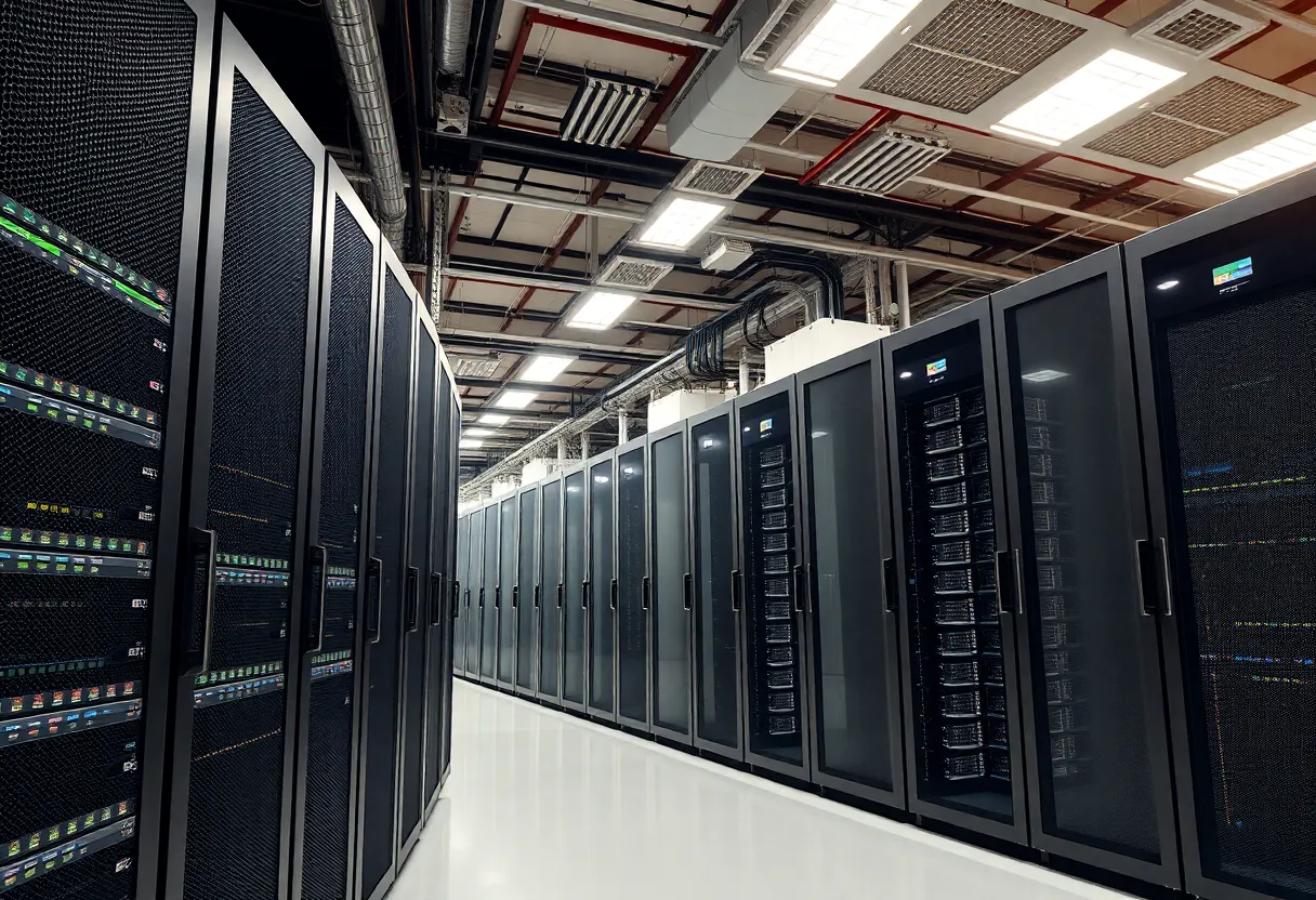 Interior of a data center featuring server racks and infrastructure.