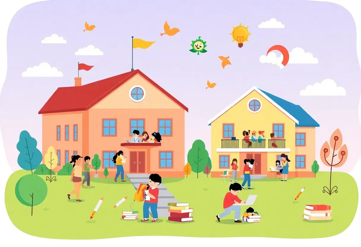 Illustration of two distinguished schools with active students