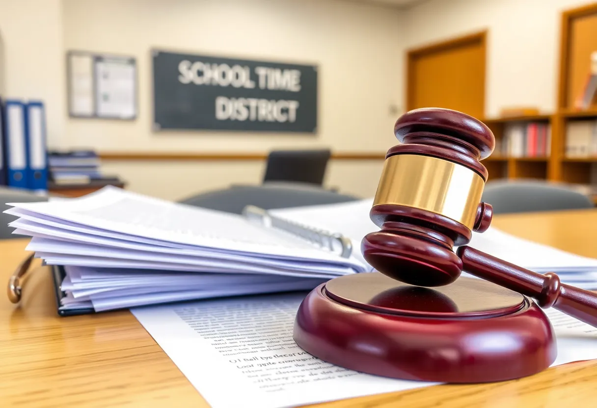 DeKalb County School District office with documents and a gavel.