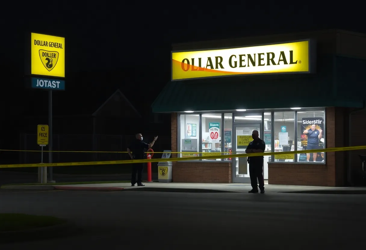 Police outside Dollar General store at night
