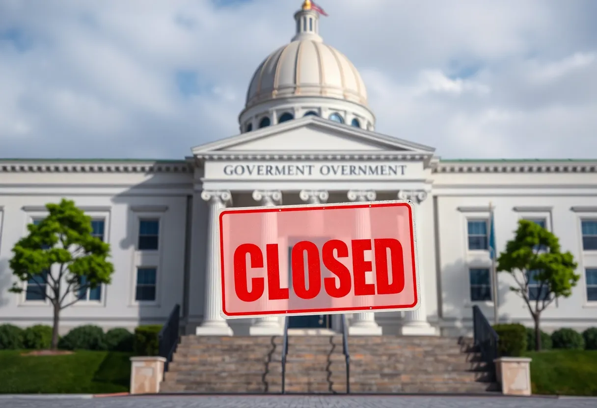 Illustration of a government building with a closed sign, representing the federal government shutdown.