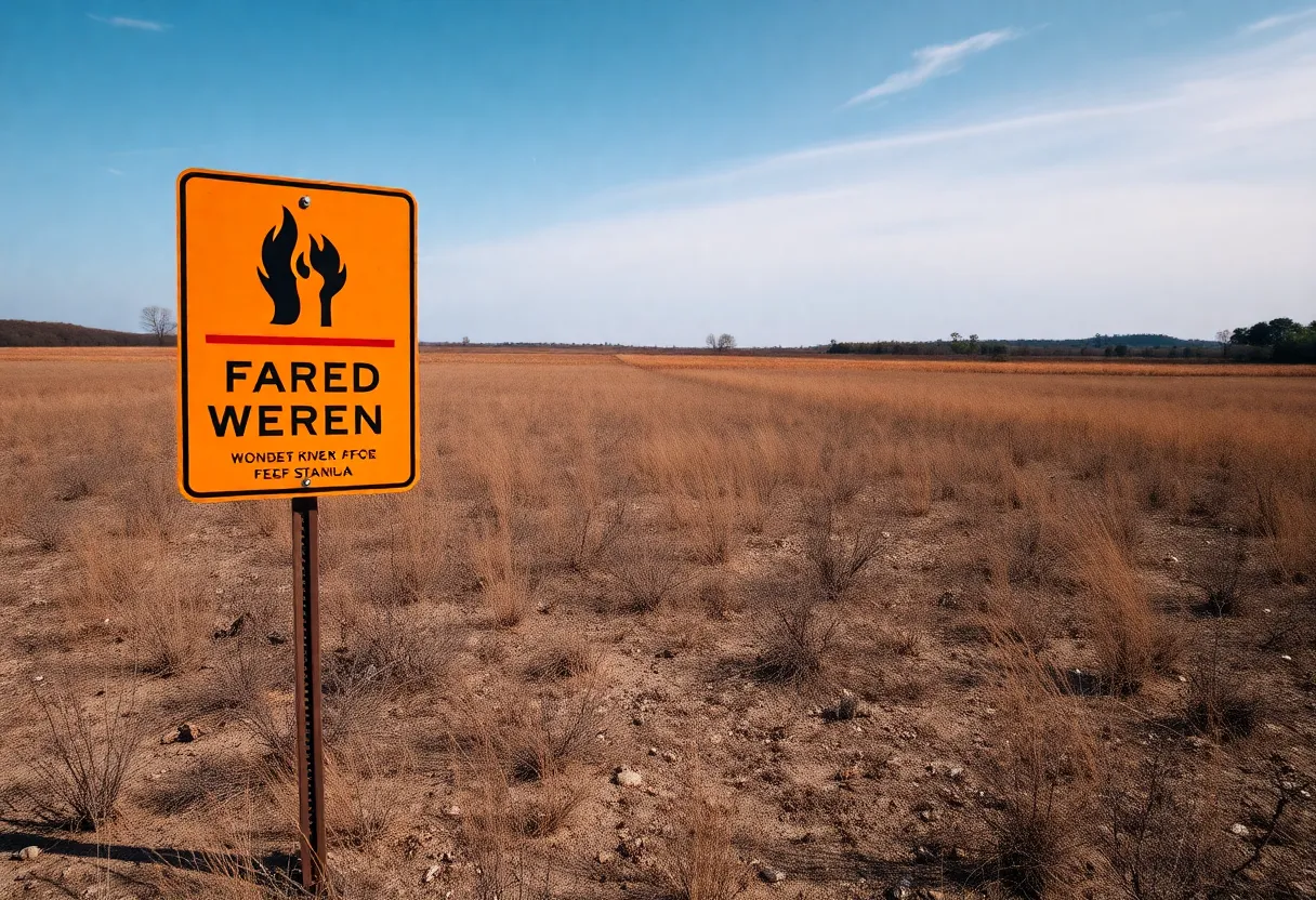 A sign indicating fire danger with a dry and windy backdrop.