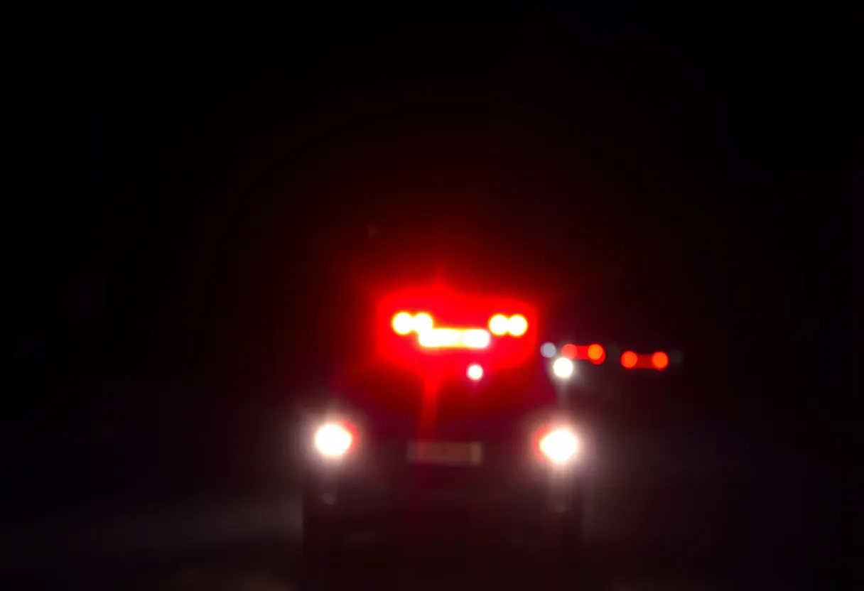 Blue and red police lights flashing on a dark street