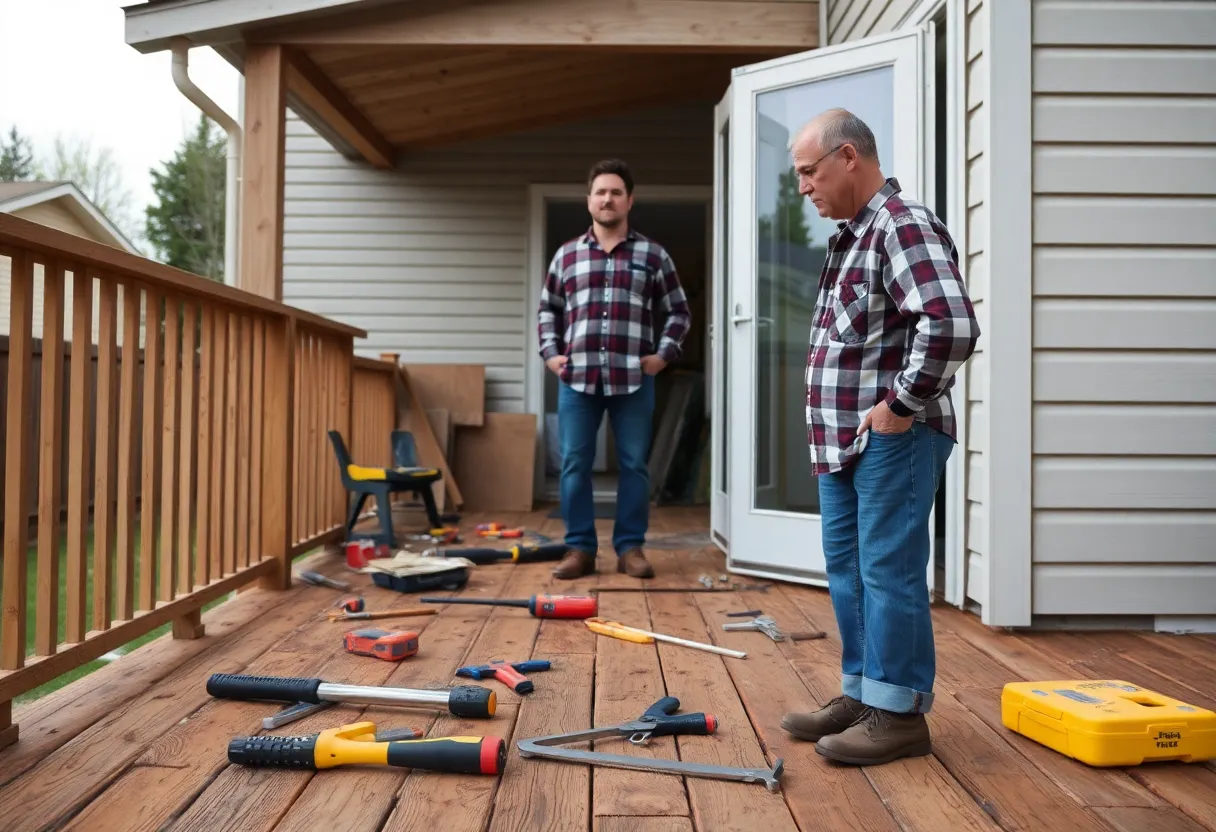 Homeowner examining a poorly constructed deck during a home repair dispute.