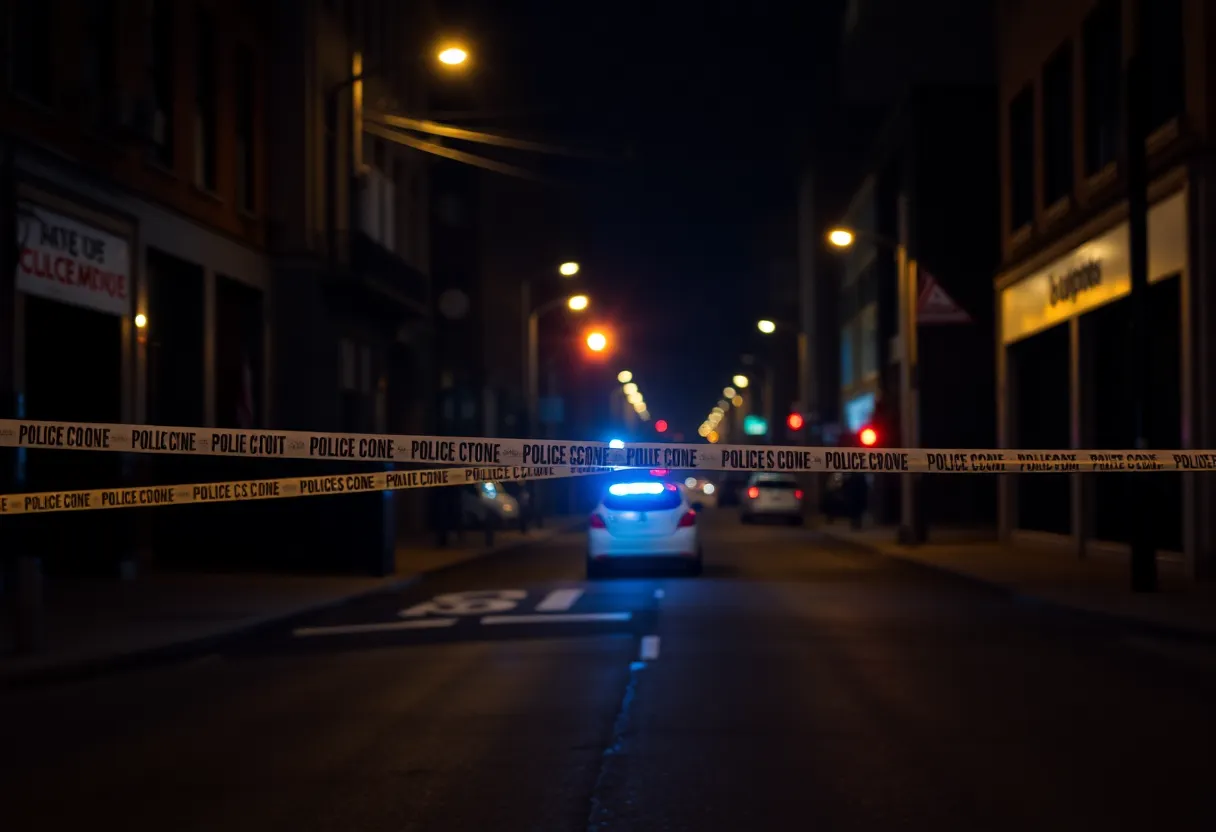 Police and crime scene tape at a drive-by shooting location in a city