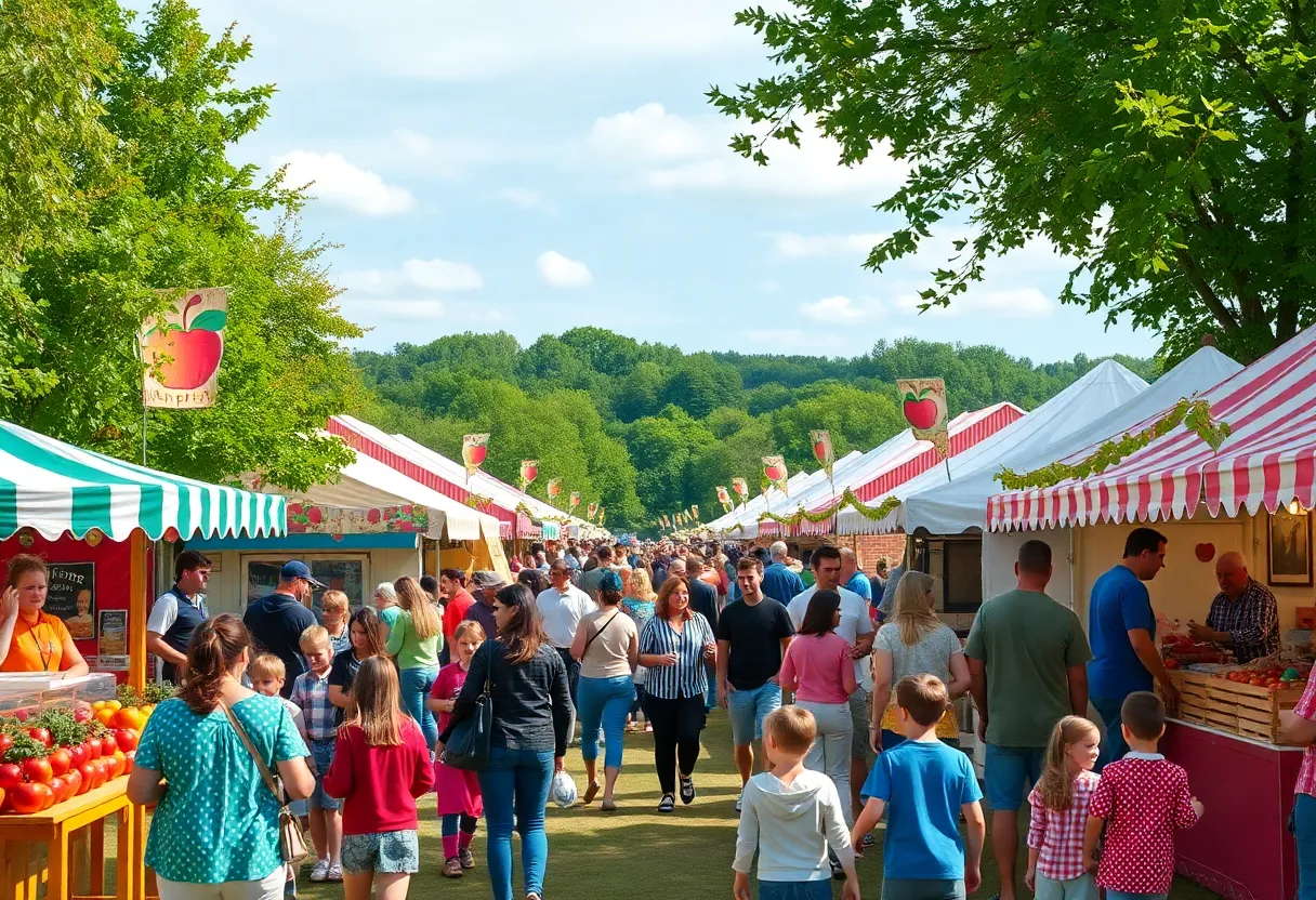 A lively atmosphere at the Georgia Apple Festival showcasing apple-themed stalls and visitors.