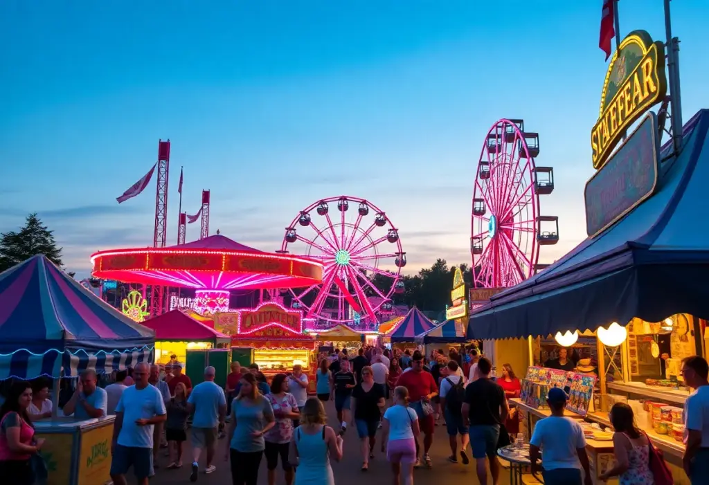 A bustling scene from the Georgia-Carolina State Fair with rides and food stalls.