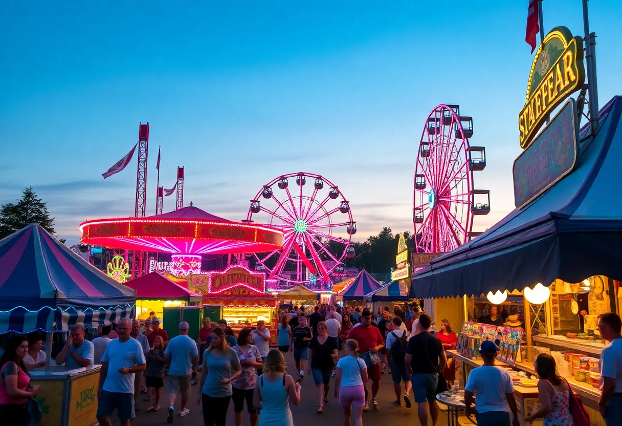 A bustling scene from the Georgia-Carolina State Fair with rides and food stalls.