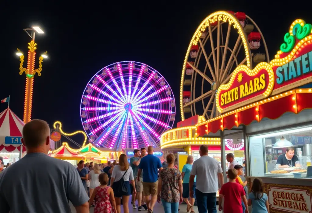 Families enjoying the Georgia-Carolina State Fair with rides and food stalls