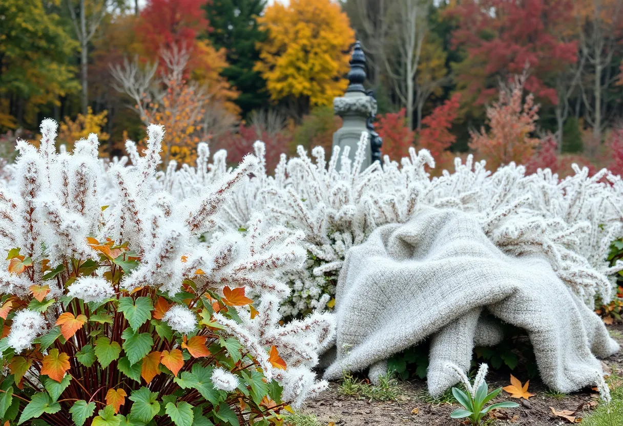 A garden in Georgia covered with blankets to protect plants from frost.