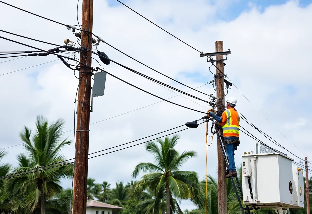 Utility workers repairing storm-damaged power lines