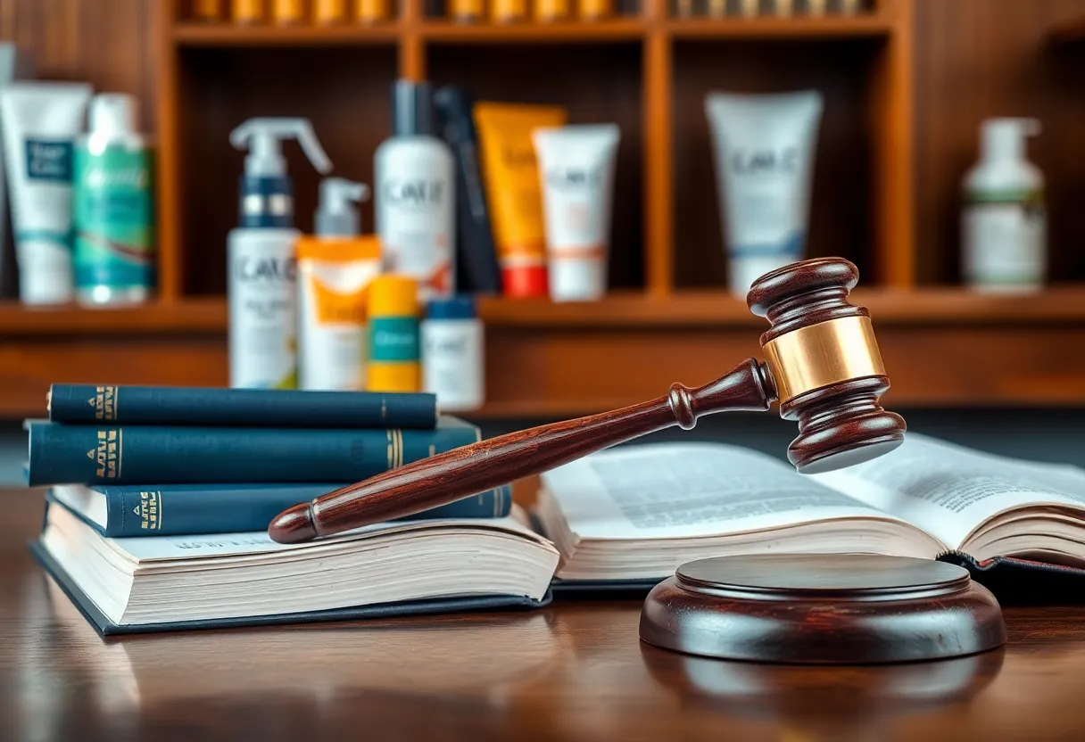 Courtroom with legal symbols and hair care products