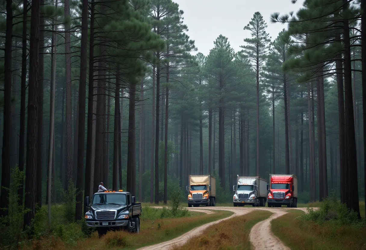Logging trucks in a Georgia forest affected by mill closures