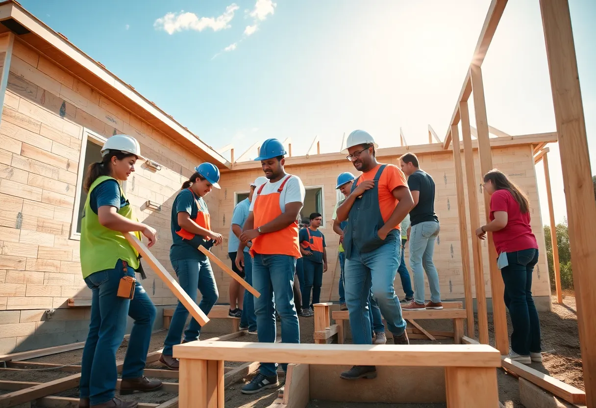 Volunteers constructing a new home for Habitat for Humanity