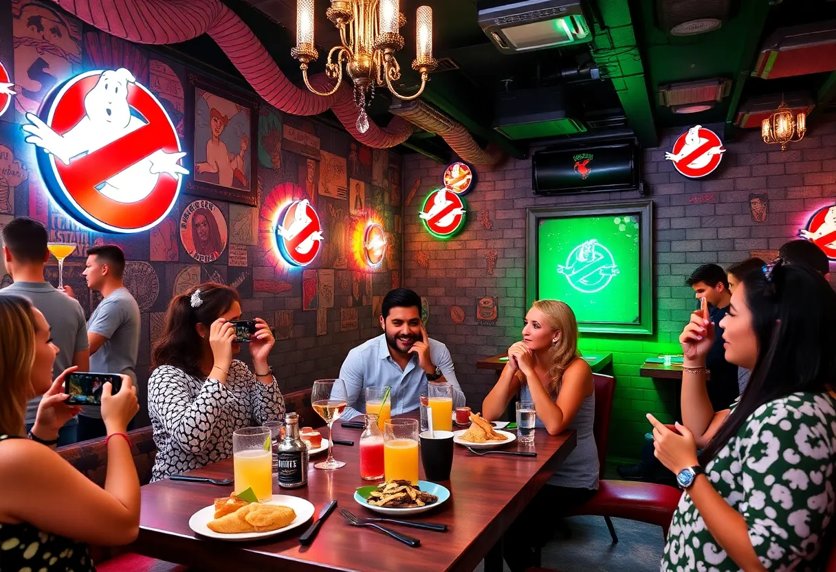 Guests enjoying a Ghostbusters-themed pop-up dining experience with themed decor