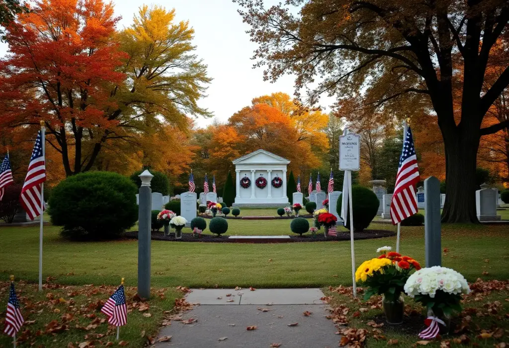 Cemetery with flowers and military honors for a community leader's graveside service.