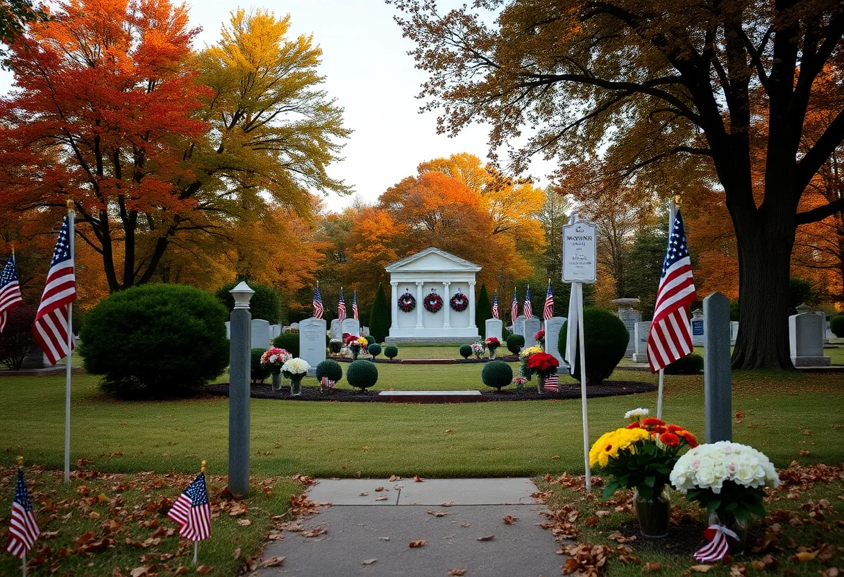 Cemetery with flowers and military honors for a community leader's graveside service.