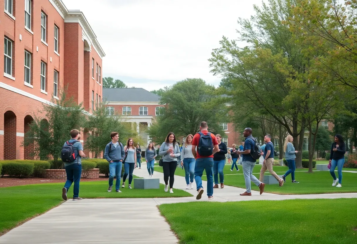 A peaceful scene of Helms College, showcasing students on campus amid a supportive environment.