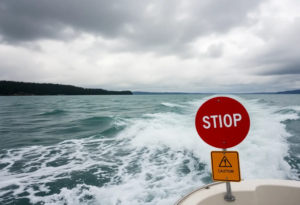 Strong winds creating rough waters on a lake with caution signs.
