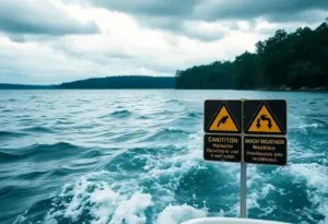 Choppy lake waters with caution signs for boating safety during a wind advisory