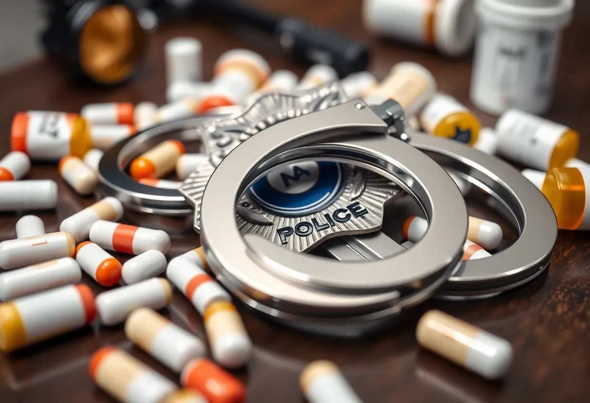 Police badge with handcuffs and prescription medications.