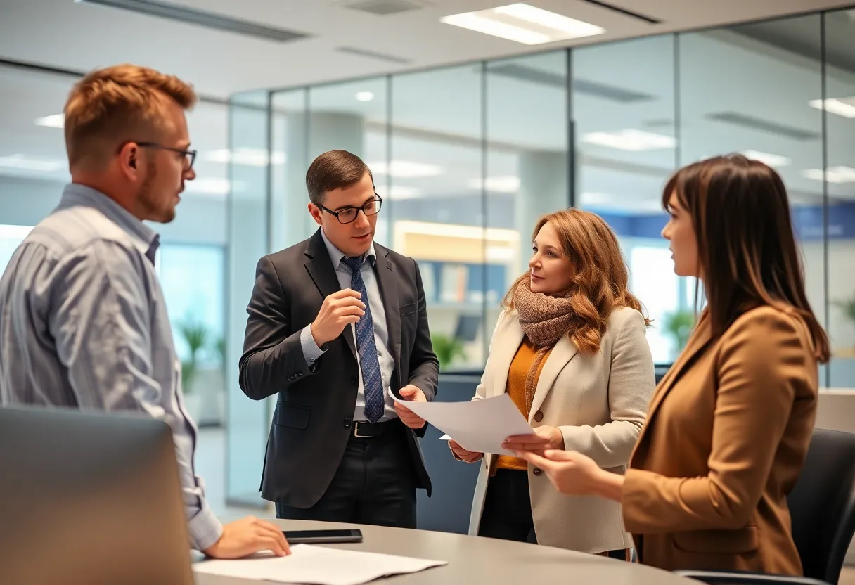 Team discussing banking strategies in a modern office