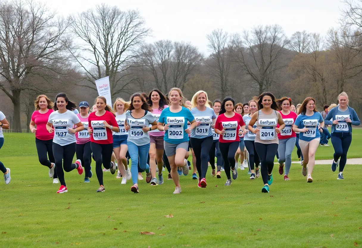 Participants of the Live Like Laken 5K running in a park.