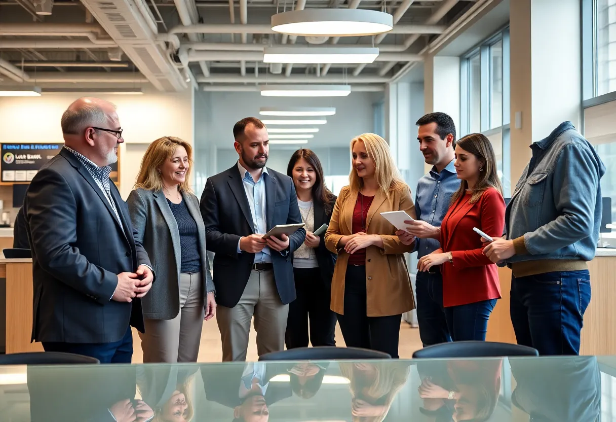 Team of local banking leaders engaging with customers in a community setting