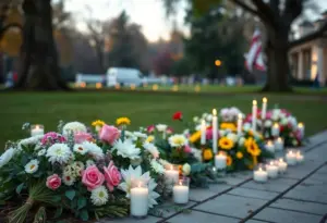 A peaceful memorial scene with flowers and candles