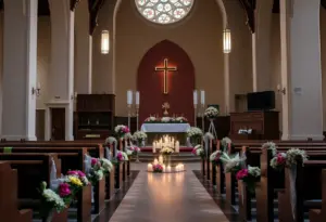 Memorial setup with flowers and candles for Stephanie Huguenin