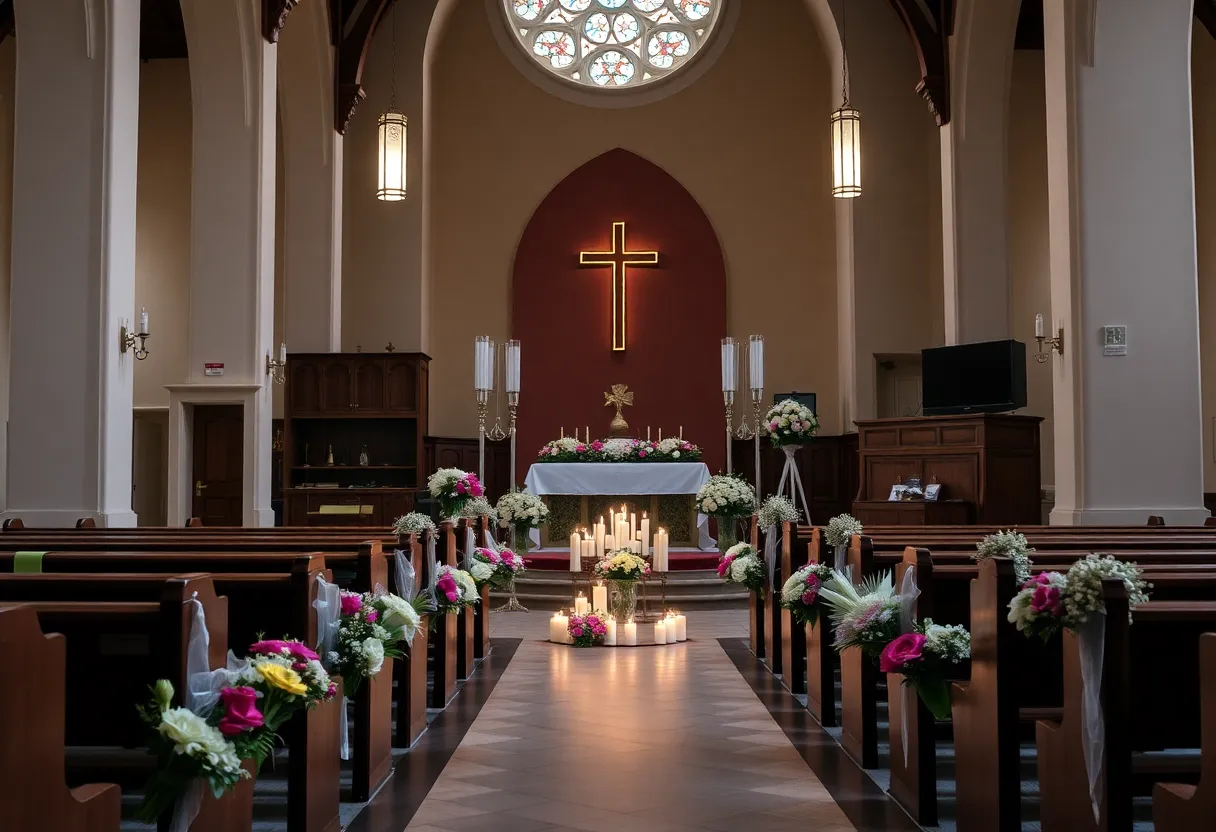 Memorial setup with flowers and candles for Stephanie Huguenin