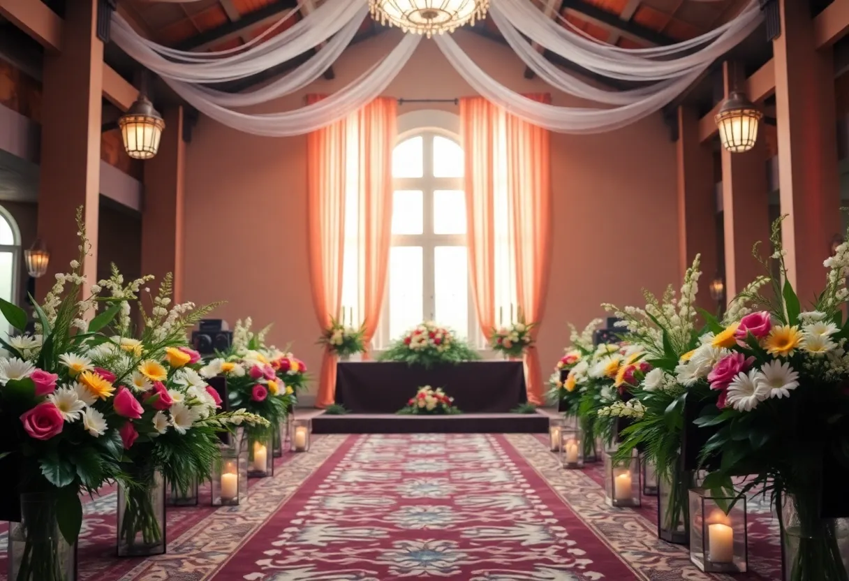 A peaceful memorial service setting with flowers and uplifting colors.