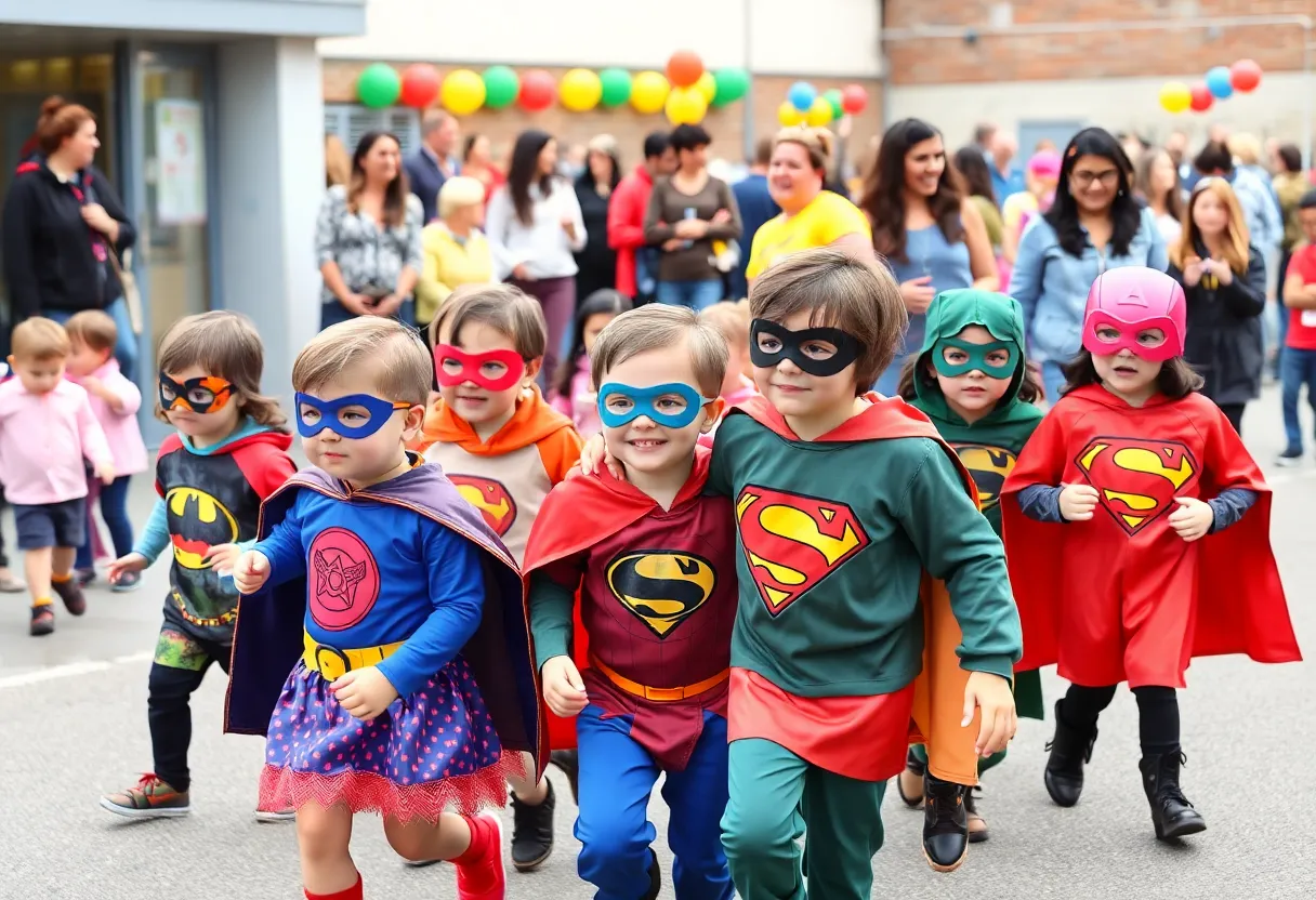 Children in superhero costumes celebrating National Pre-K Week at Belair Elementary School.