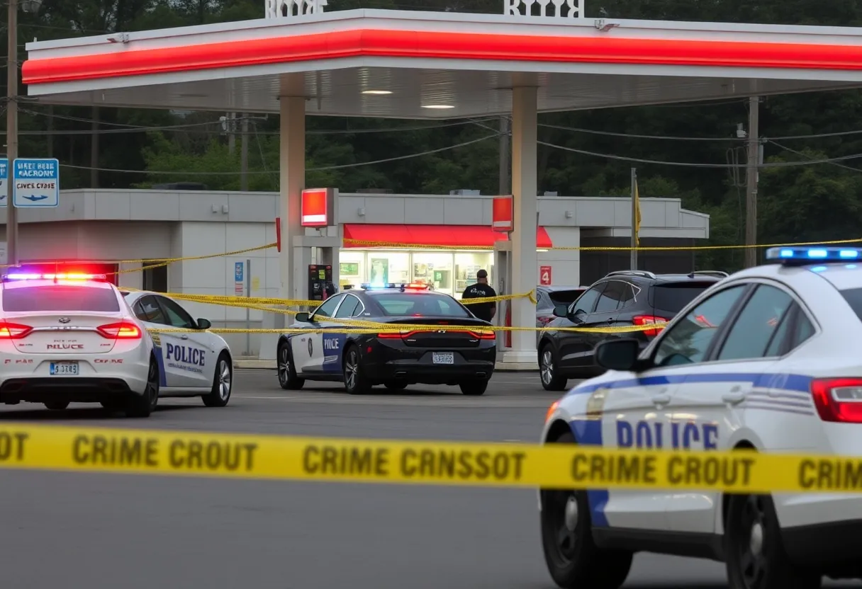 Police presence at a gas station following a shooting incident.