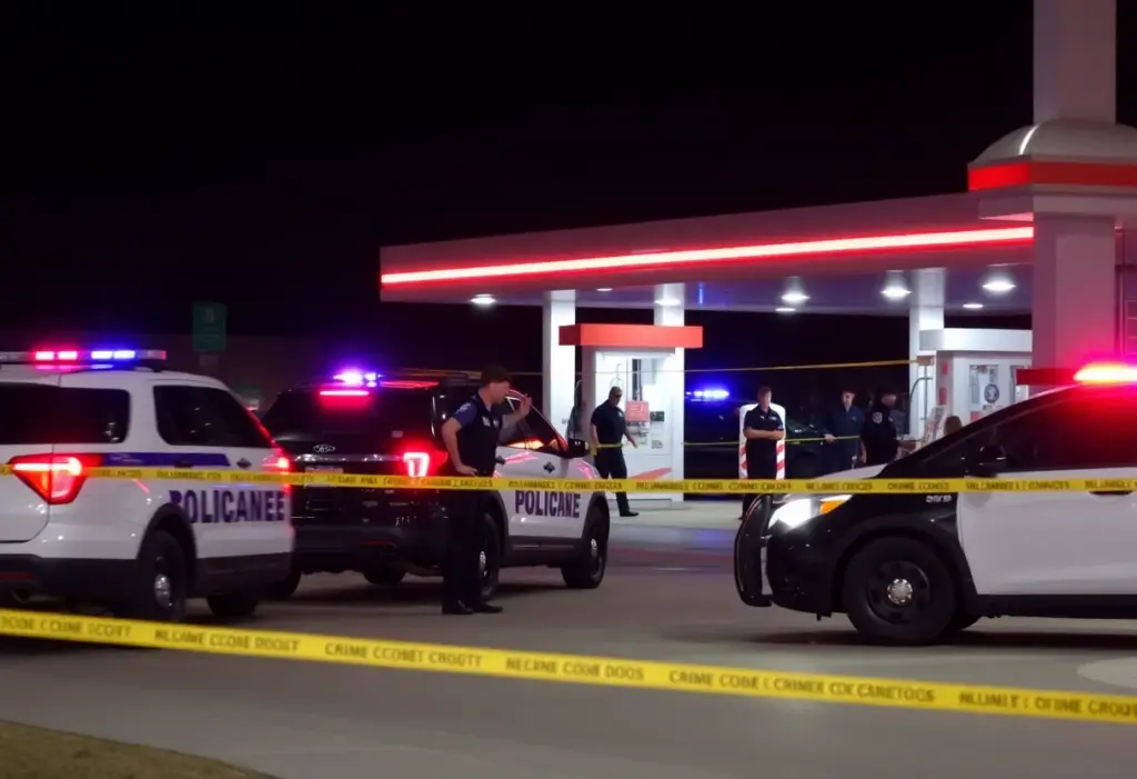 Scene of an officer-involved shooting at a gas station with police presence.