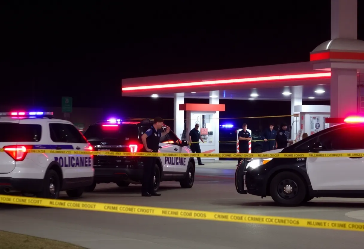 Scene of an officer-involved shooting at a gas station with police presence.