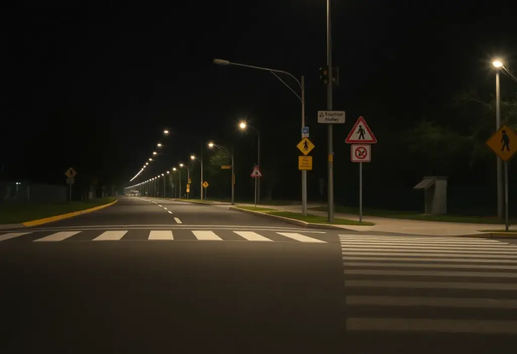 A road at night highlighting pedestrian safety features.